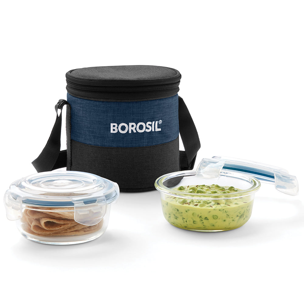 My Borosil Glass Lunchboxes Set of 2, 400ml Elite Blue Grey Glass Lunch Box, Round x 2 (Tall)