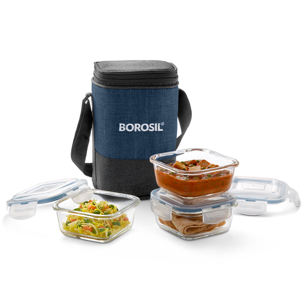 My Borosil Glass Lunchboxes Set of 3, 320ml Elite Blue Grey Glass Lunch Box, Square x 4 (Tall)