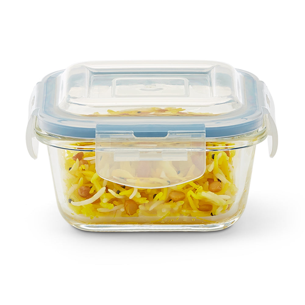 My Borosil Glass Lunchboxes Set of 3, 320ml Elite Blue Grey Glass Lunch Box, Square x 4 (Tall)