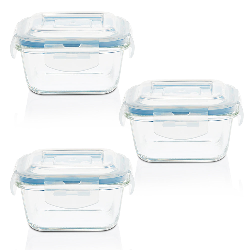 My Borosil Glass Lunchboxes Set of 3, 320ml Elite Blue Grey Glass Lunch Box, Square x 4 (Tall)