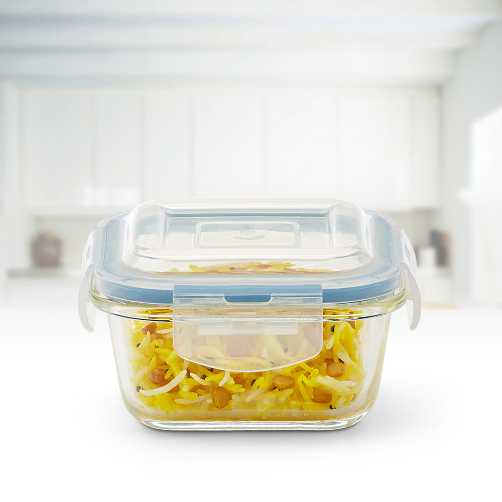 My Borosil Glass Lunchboxes Set of 3, 320ml Elite Blue Grey Glass Lunch Box, Square x 4 (Tall)