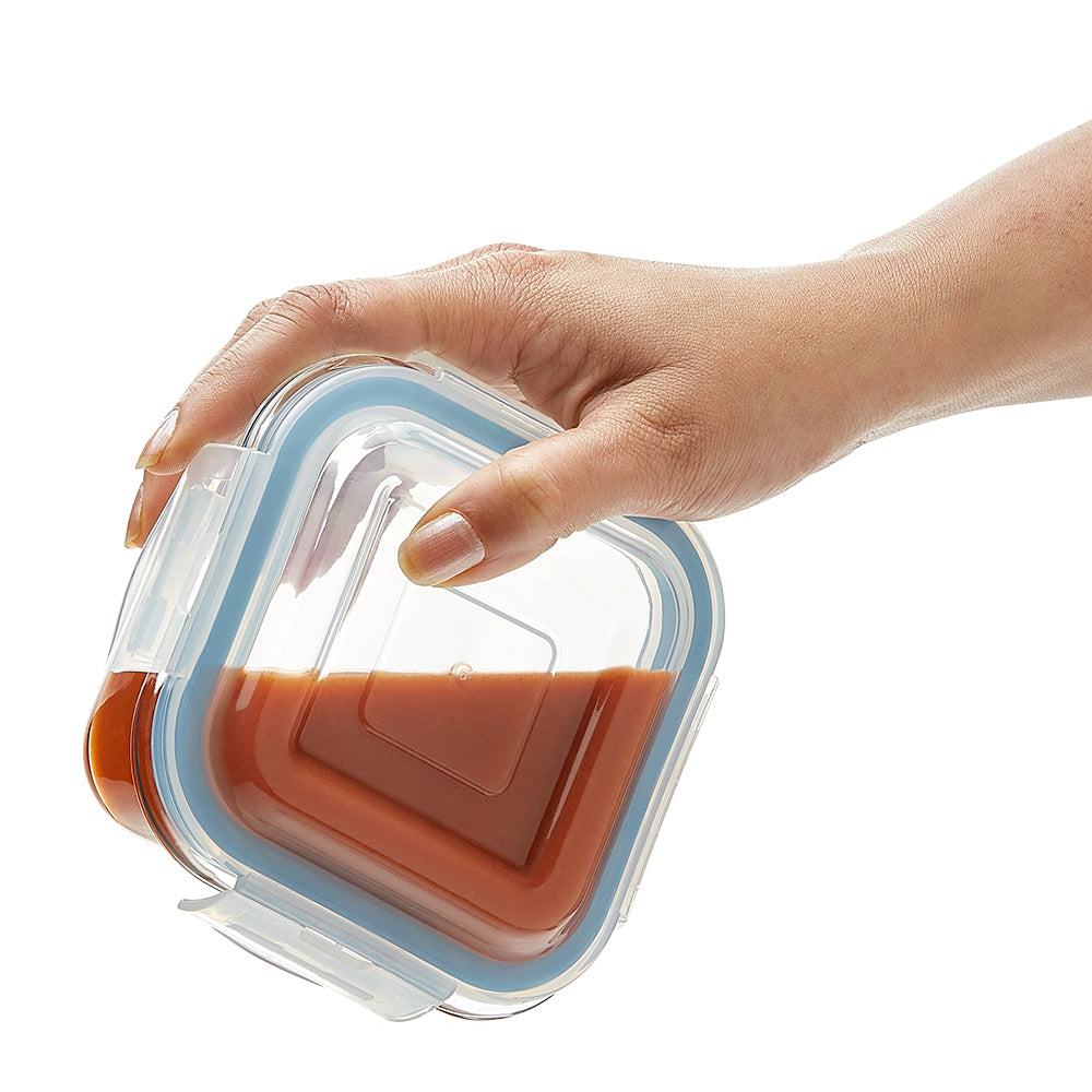 My Borosil Glass Lunchboxes Set of 3, 320ml Elite Blue Grey Glass Lunch Box, Square x 4 (Tall)