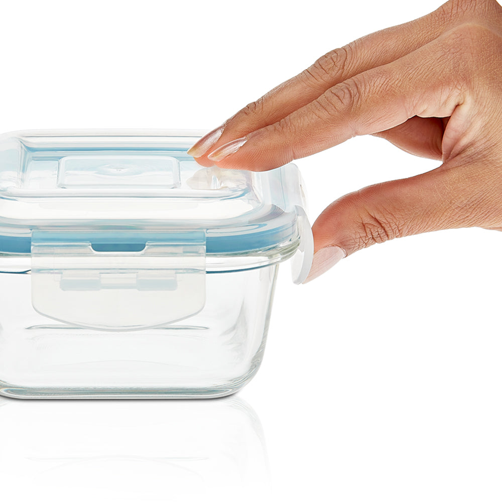 My Borosil Glass Lunchboxes Set of 3, 320ml Elite Blue Grey Glass Lunch Box, Square x 4 (Tall)