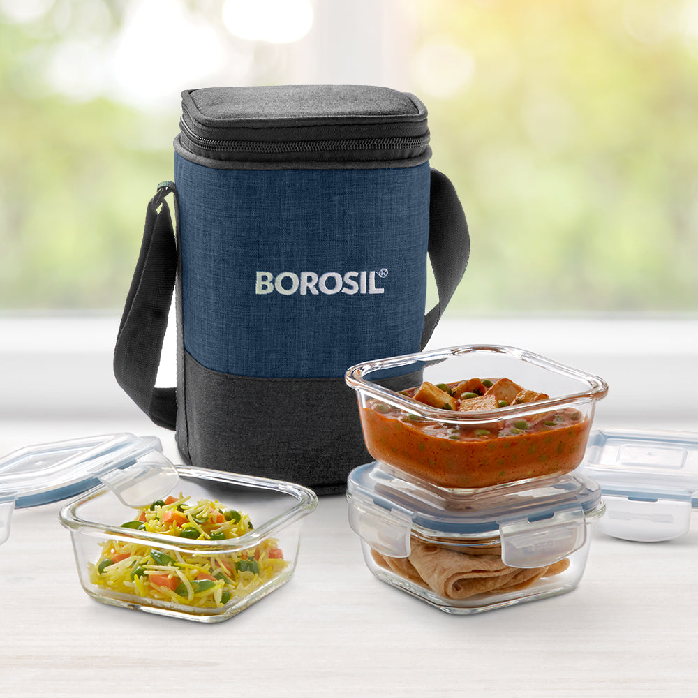 My Borosil Glass Lunchboxes Set of 3, 320ml Elite Blue Grey Glass Lunch Box, Square x 4 (Tall)