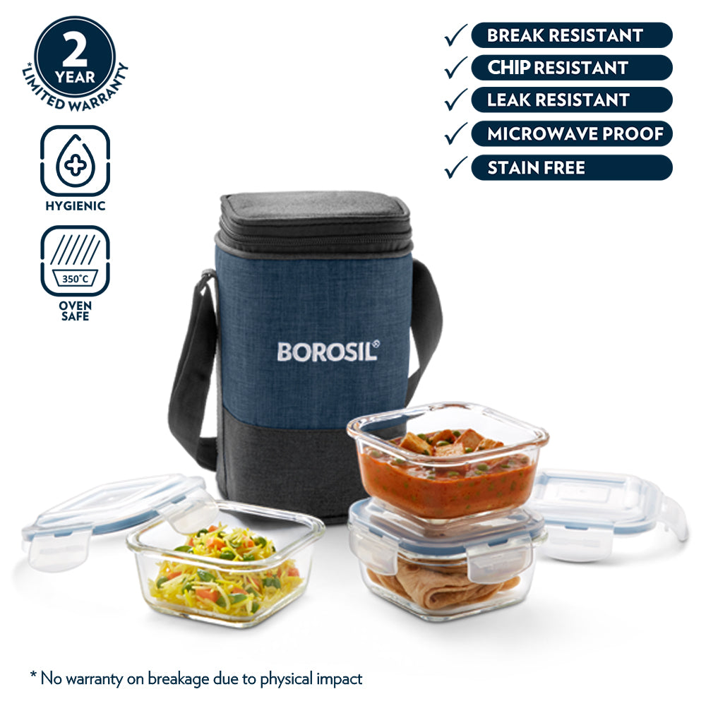 My Borosil Glass Lunchboxes Set of 3, 320ml Elite Blue Grey Glass Lunch Box, Square x 4 (Tall)