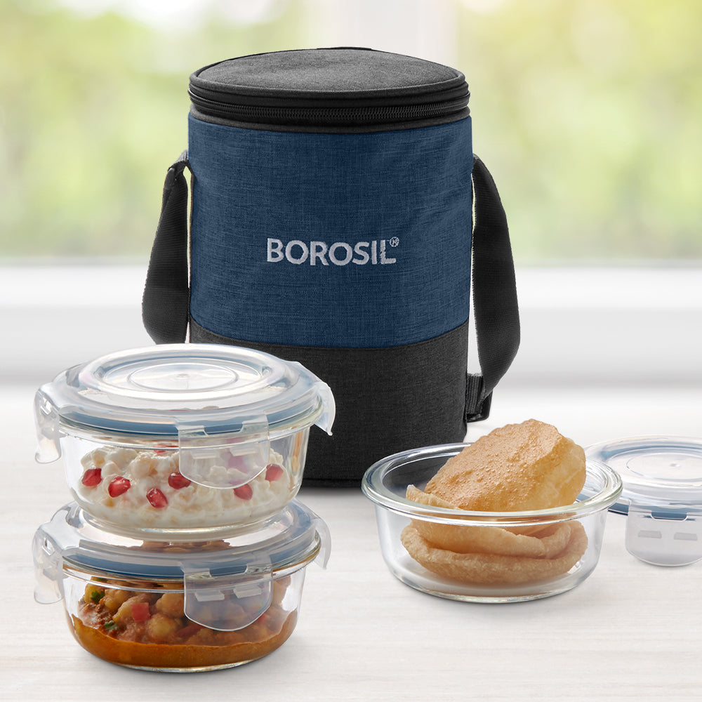 My Borosil Glass Lunchboxes Set of 3, 400ml Elite Blue Grey Glass Lunch Box, Round x 4 (Tall)