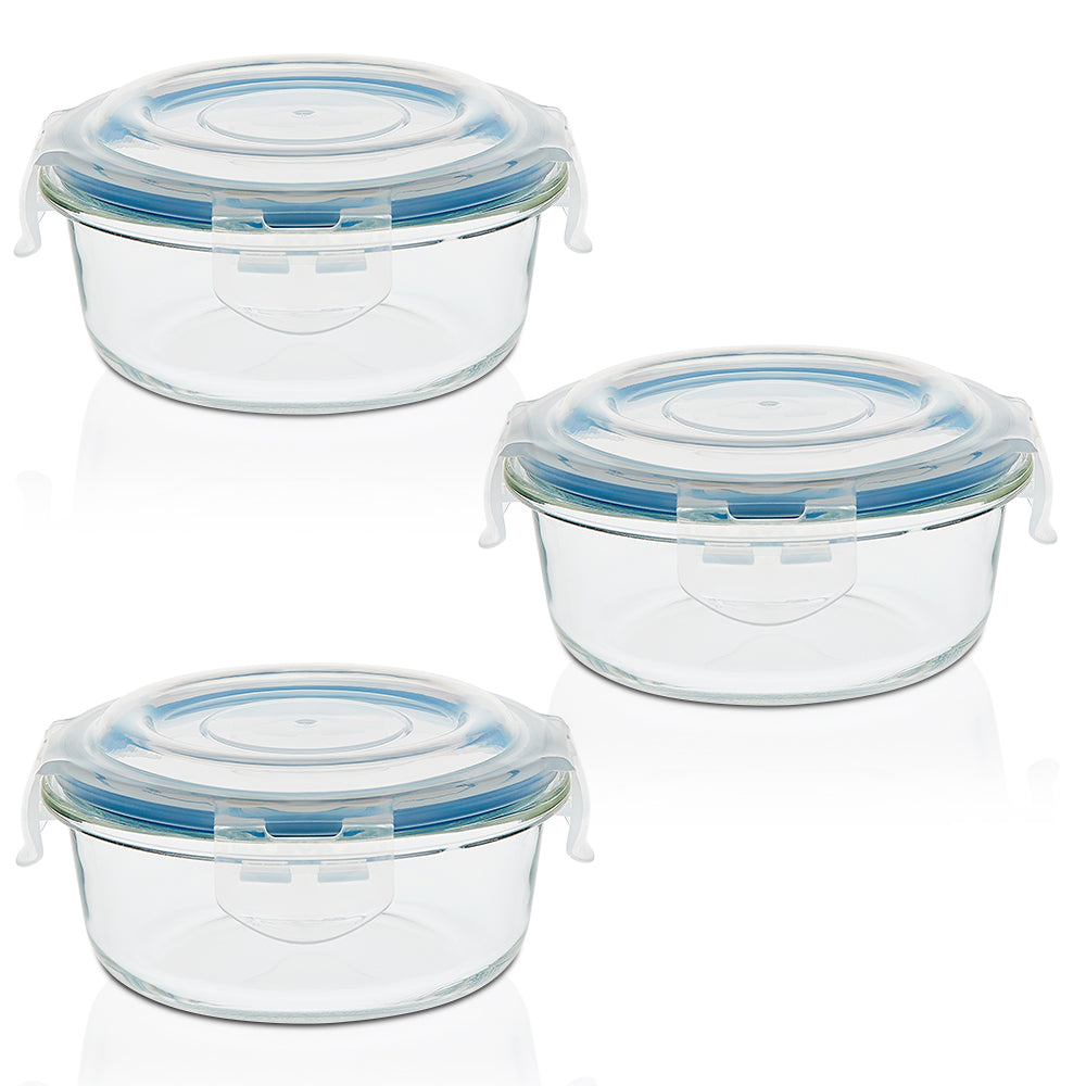 My Borosil Glass Lunchboxes Set of 3, 400ml Elite Blue Grey Glass Lunch Box, Round x 4 (Tall)