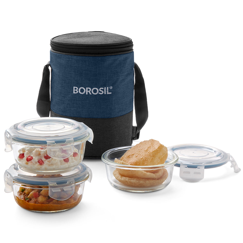 My Borosil Glass Lunchboxes Set of 3, 400ml Elite Blue Grey Glass Lunch Box, Round x 4 (Tall)