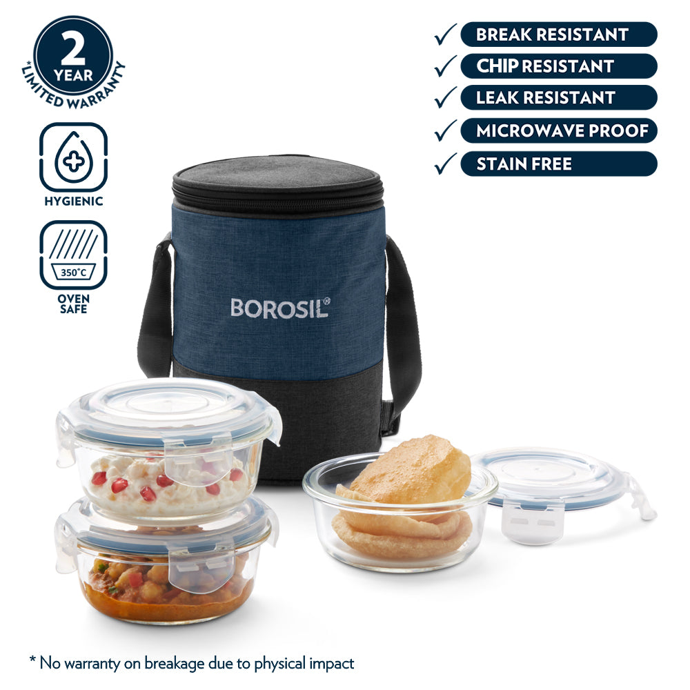 My Borosil Glass Lunchboxes Set of 3, 400ml Elite Blue Grey Glass Lunch Box, Round x 4 (Tall)