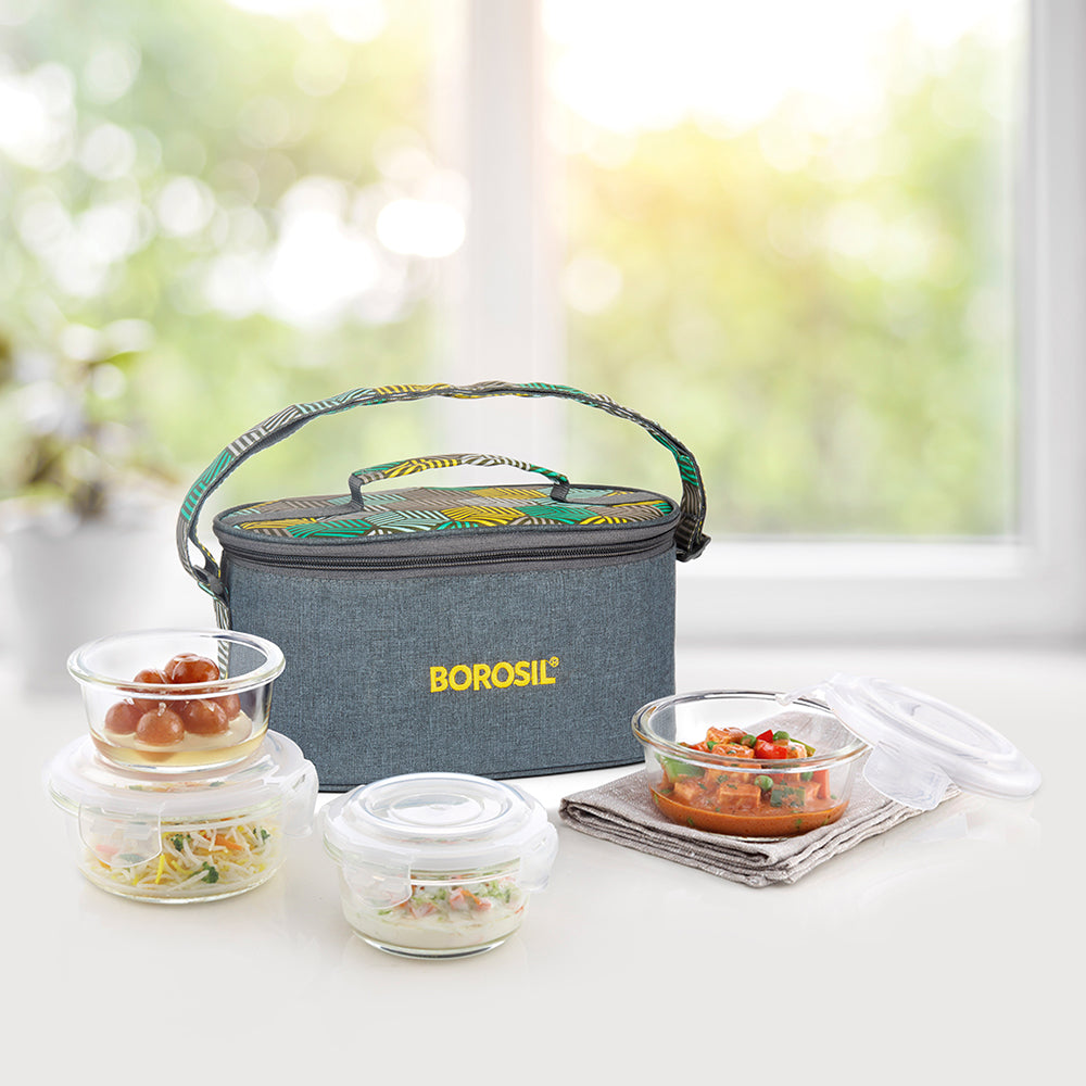 My Borosil Glass Lunchboxes Set of 4 (400 ml x 2 + 240 ml x 2) Food Luck Olive Glass Lunch Box, Round x 4