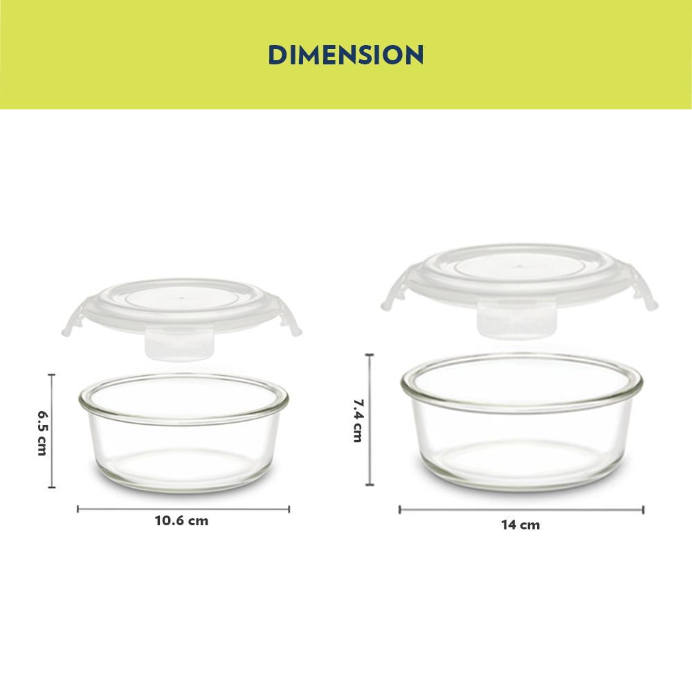 My Borosil Glass Lunchboxes Set of 4 (400 ml x 2 + 240 ml x 2) Food Luck Olive Glass Lunch Box, Round x 4