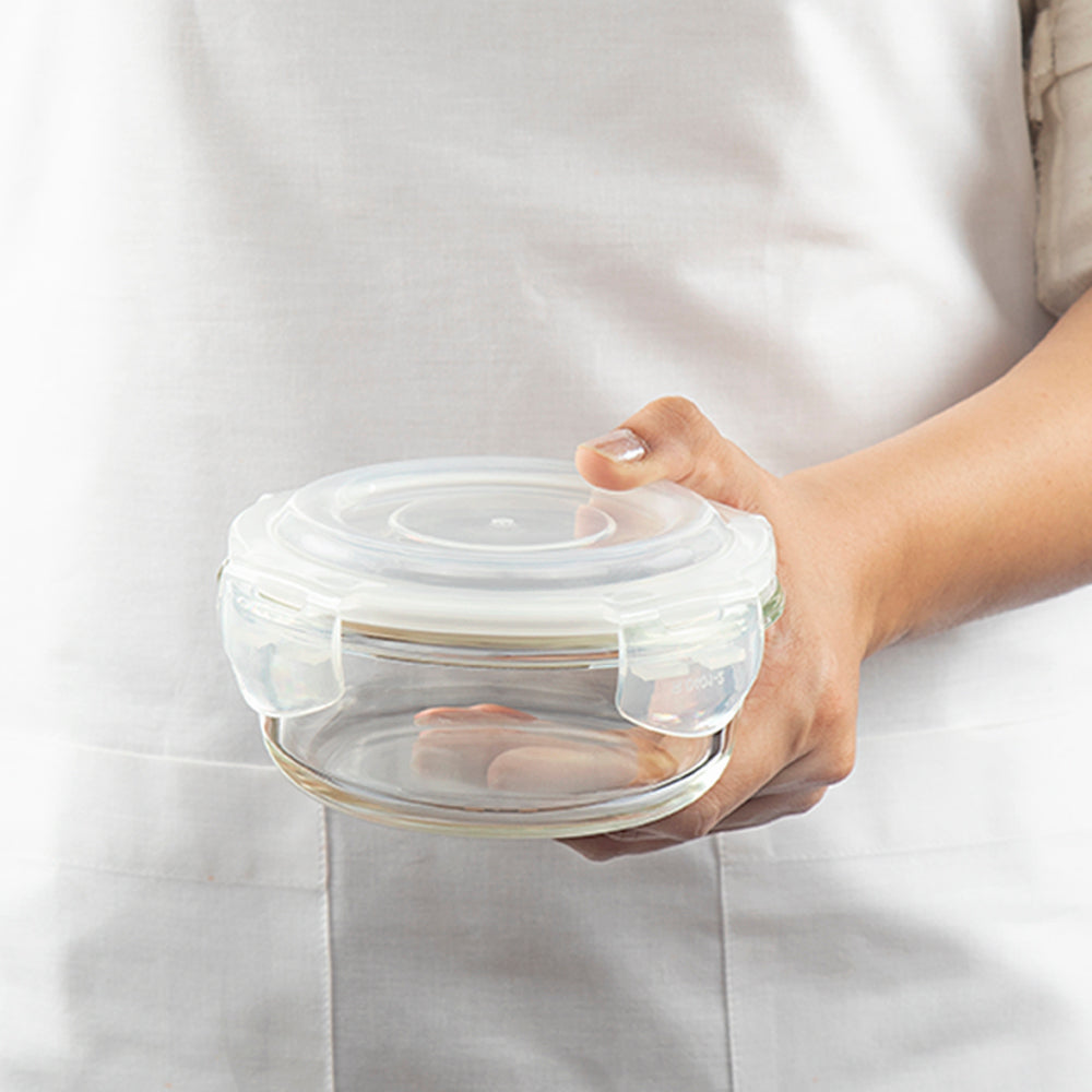 My Borosil Glass Lunchboxes Set of 4 (400 ml x 2 + 240 ml x 2) Food Luck Olive Glass Lunch Box, Round x 4