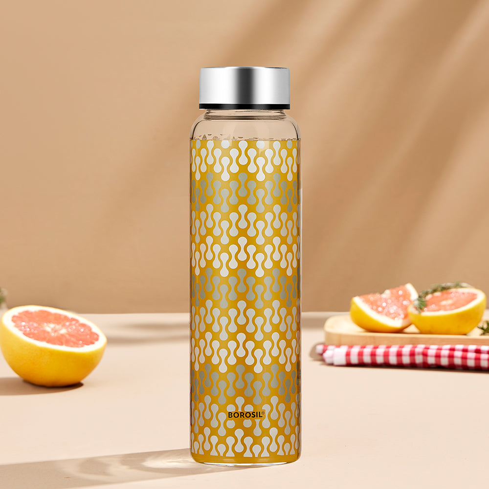 My Borosil Glass Water Bottles Vista Glass Bottle w Wide Mouth, Silver Lid