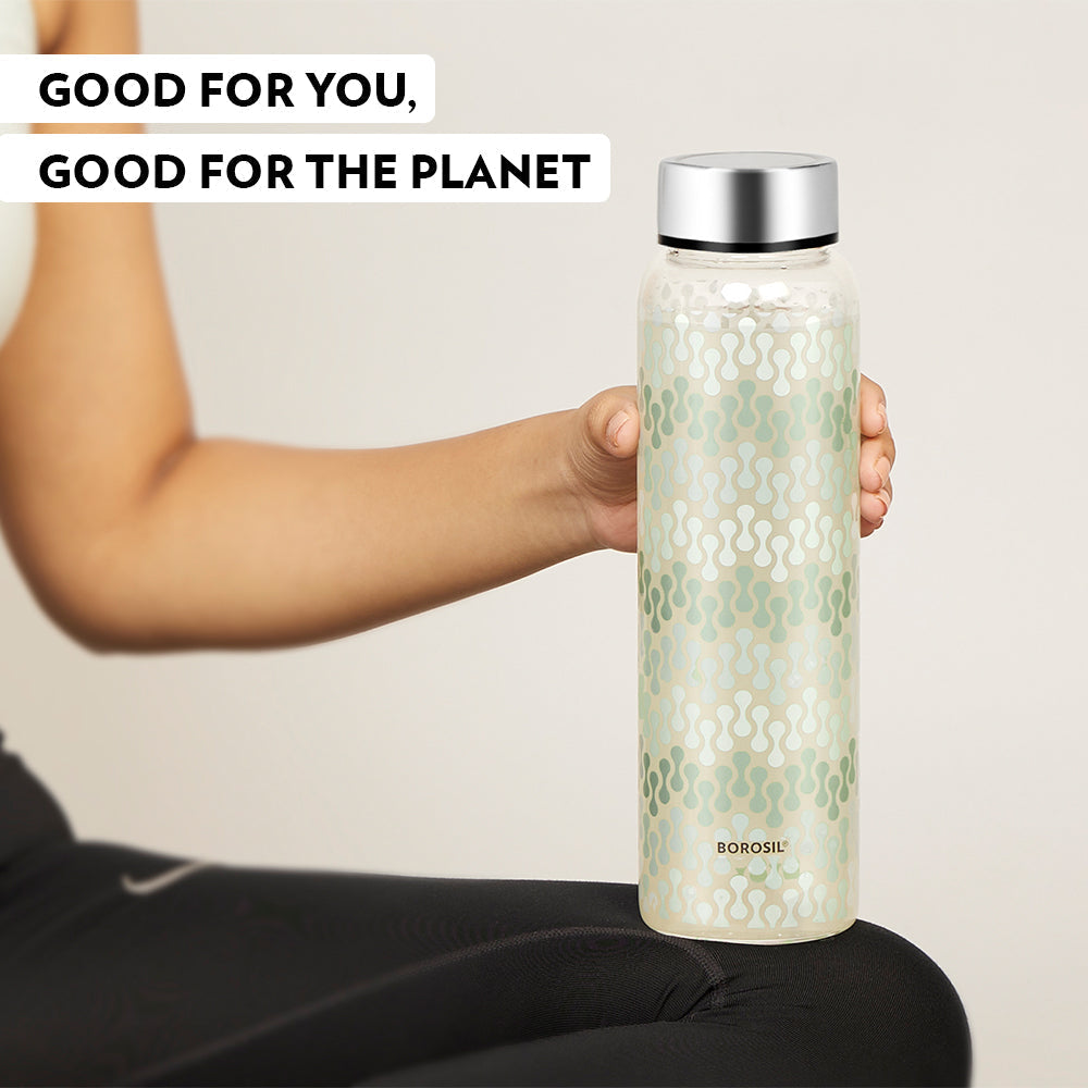 My Borosil Glass Water Bottles Vista Glass Bottle w Wide Mouth, Silver Lid