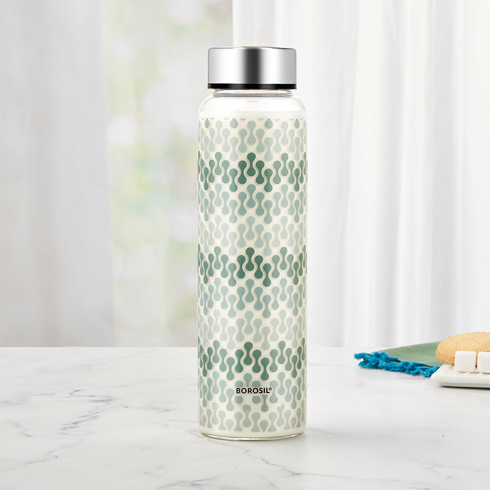 My Borosil Glass Water Bottles Vista Glass Bottle w Wide Mouth, Silver Lid