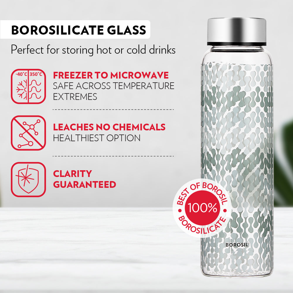 My Borosil Glass Water Bottles Vista Glass Bottle w Wide Mouth, Silver Lid