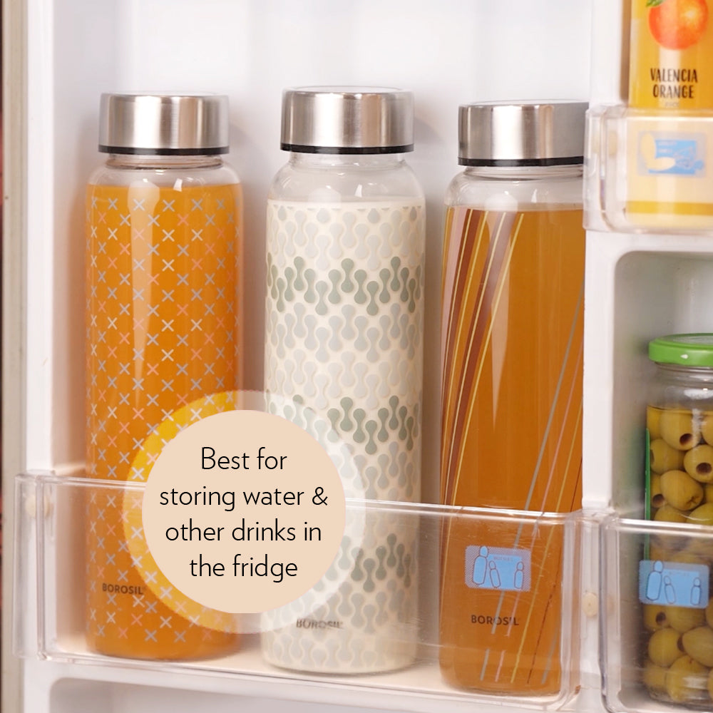 My Borosil Glass Water Bottles Vista Glass Bottle w Wide Mouth, Silver Lid