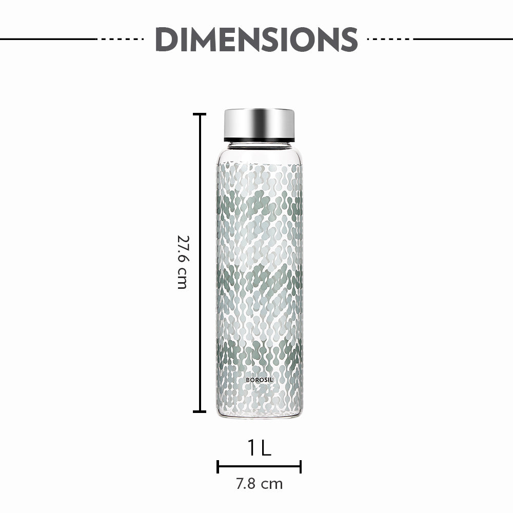 My Borosil Glass Water Bottles Vista Glass Bottle w Wide Mouth, Silver Lid