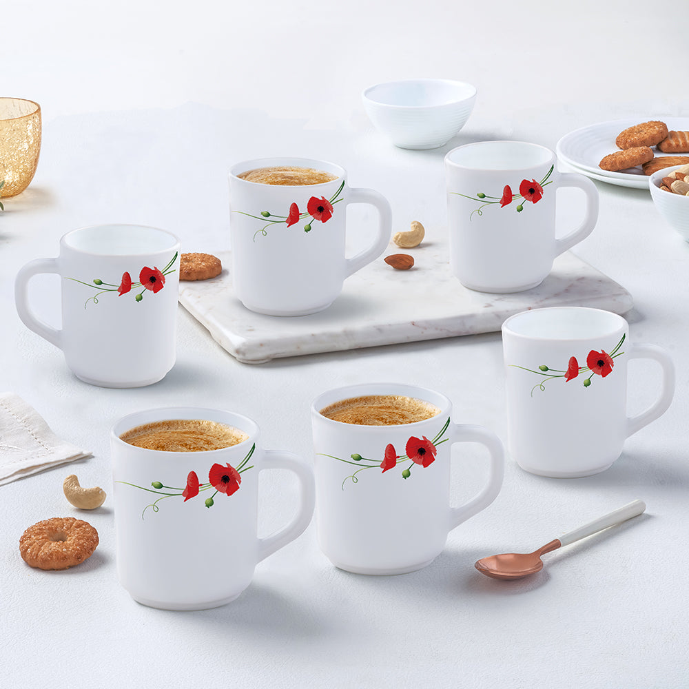 My Borosil Opalware Coffee Mugs & Travel Mugs 240 ml x 6 Larah by Borosil Red Carnation Mug Set