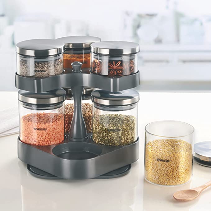 My Borosil Storage Jars 7 pc Set Spin n Store Tray w 7 Classic Jars