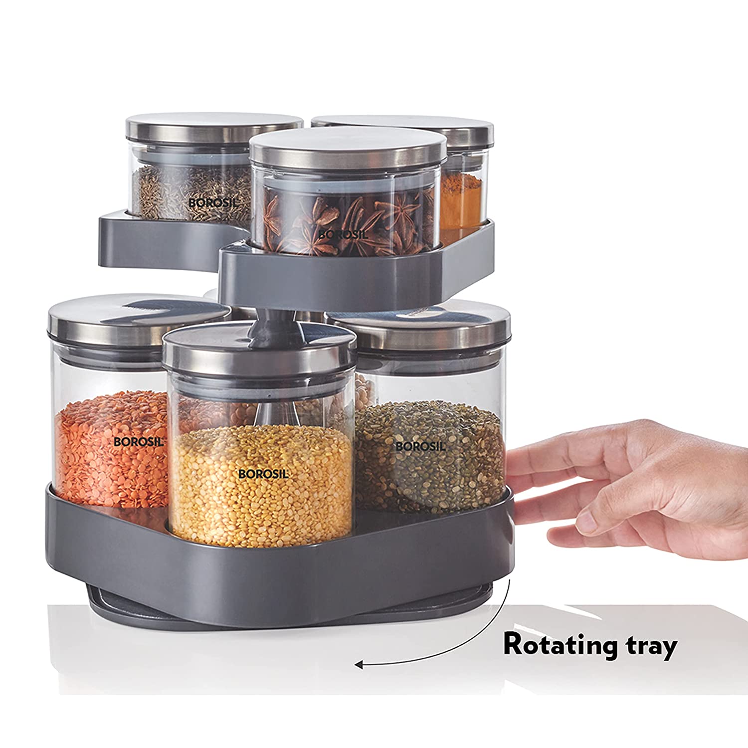 My Borosil Storage Jars Spin n Store Tray w 7 Classic Jars