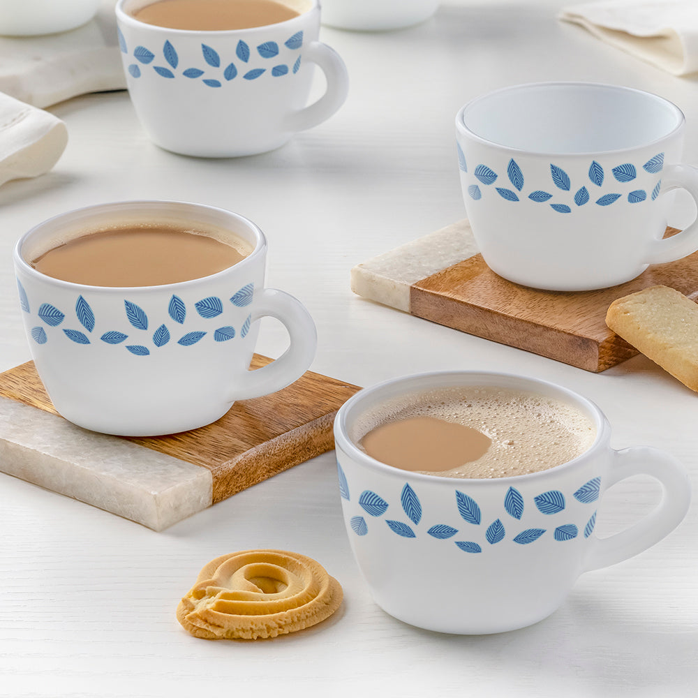 My Borosil Opalware Tea Cups & Tea Sets 140 ml x 6 Blue Leaves Cup Set