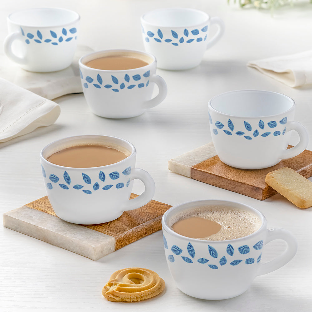 My Borosil Opalware Tea Cups & Tea Sets 140 ml x 6 Blue Leaves Cup Set